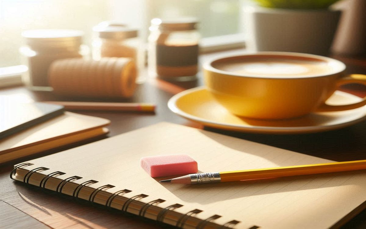 Desk with lesson planning materials, notebooks, and a cup of coffee